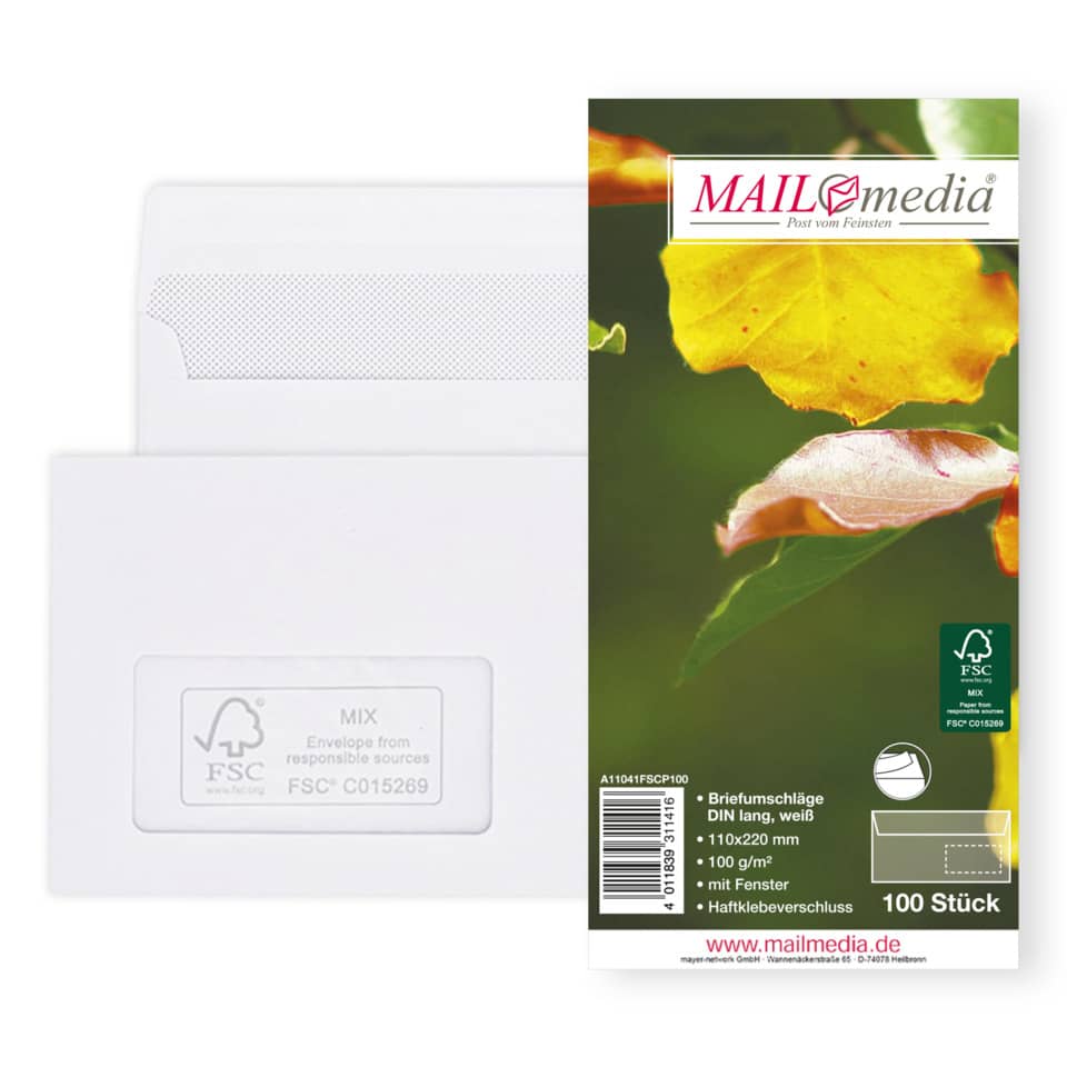 Briefumschlag mit Fenster, DIN lang, 100g/m², haftklebend, 100 Stück, weiß MAILMEDIA 30001836 MAILMEDIA 30001836 100ST