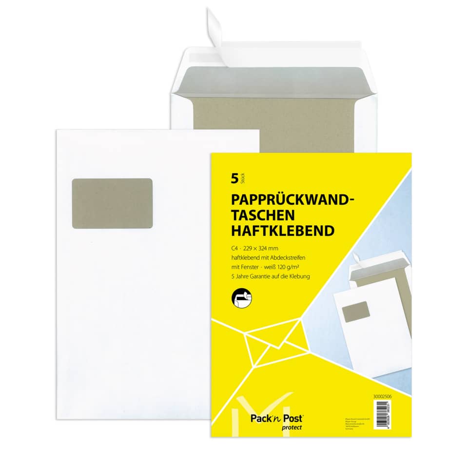 Papprückwandtasche mit Fenster, C4, 120g/m², Haftklebend, 5 Stück, weiß MAILMEDIA 30002506 30002506 5 ST Papprückwand