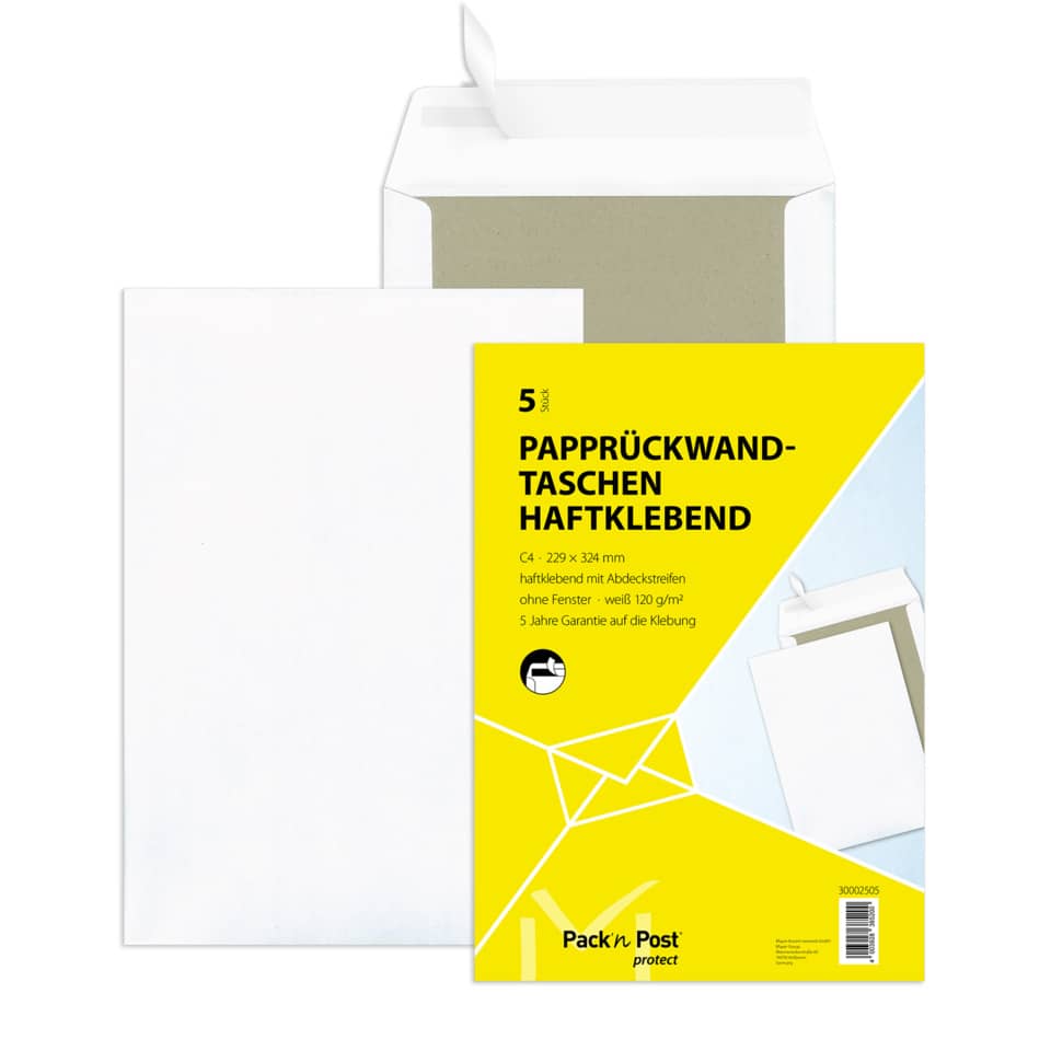 Papprückwandtasche, C4, 120g/m², Haftklebend, 5 Stück, weiß MAILMEDIA 30002505 30002505 5ST Papprückwand