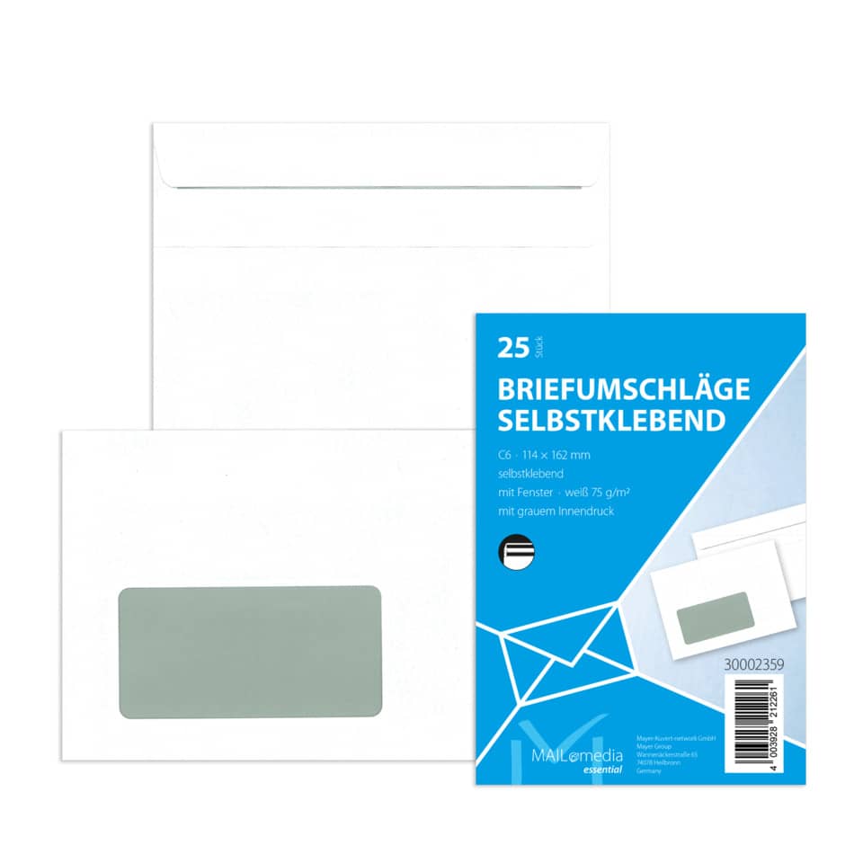 Briefumschlag mit Fenster, C6, 75g/m², selbstklebend, 25 Stück, weiß MAILMEDIA 30002359 30002359 25ST