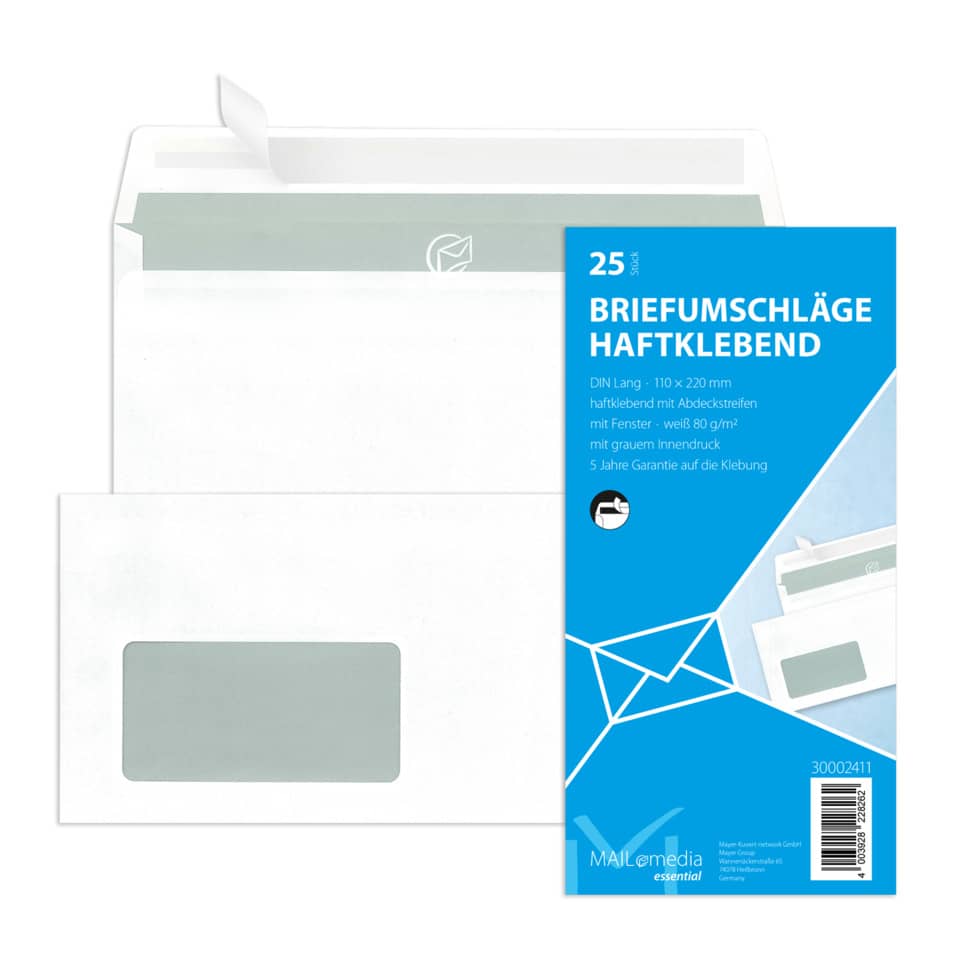 Briefumschlag mit Fenster, DIN lang, 80g/m², haftklebend, 25 Stück, weiß MAILMEDIA 30002411 30002411 25ST