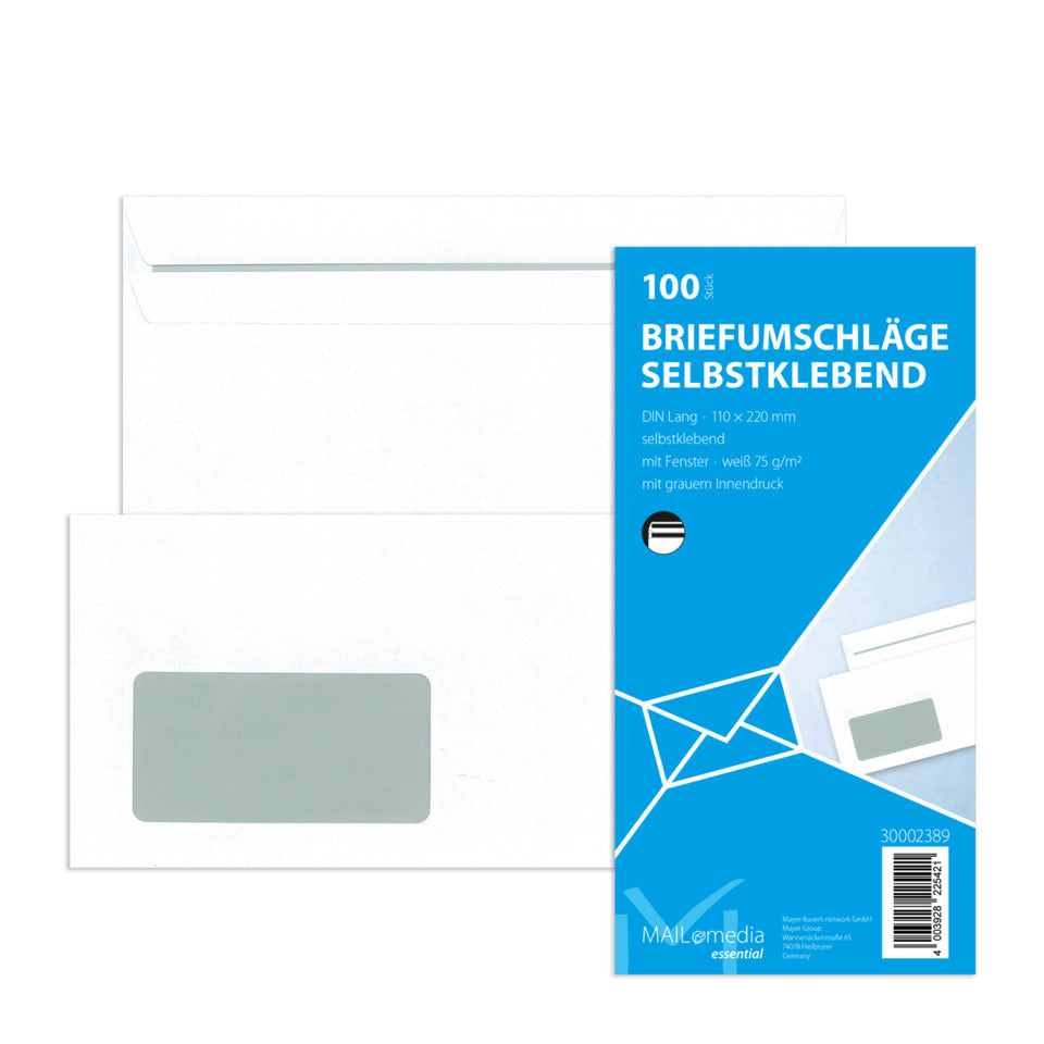 Briefumschlag mit Fenster, DIN lang, 75g/m², selbstklebend, 100 Stück, weiß MAILMEDIA 30002389 MAILMEDIA 30002389 100ST m.Innendruck