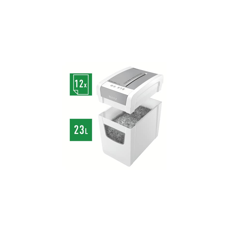 Aktenvernichter IQ Slim Office S, Partikelschnitt 4 x 28 cm, P-4, 23L, 12 Blatt, weiß LEITZ 8098-00-00 LEITZ 8098-00-00 Slim Office S