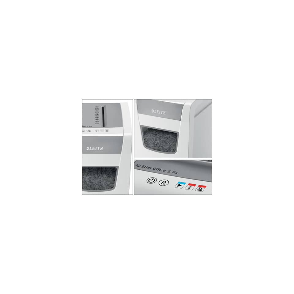 Aktenvernichter IQ Slim Office S, Partikelschnitt 4 x 28 cm, P-4, 23L, 12 Blatt, weiß LEITZ 8098-00-00 LEITZ 8098-00-00 Slim Office S