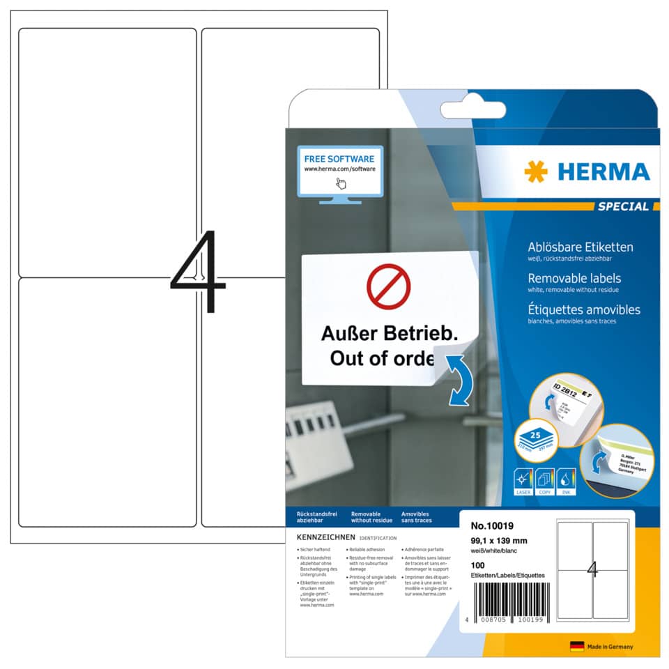 Adressetiketten ablösbar, 99,1x139mm, 100 Stück, weiß HERMA 10019 HERMA 10019 99.1x139mm BB