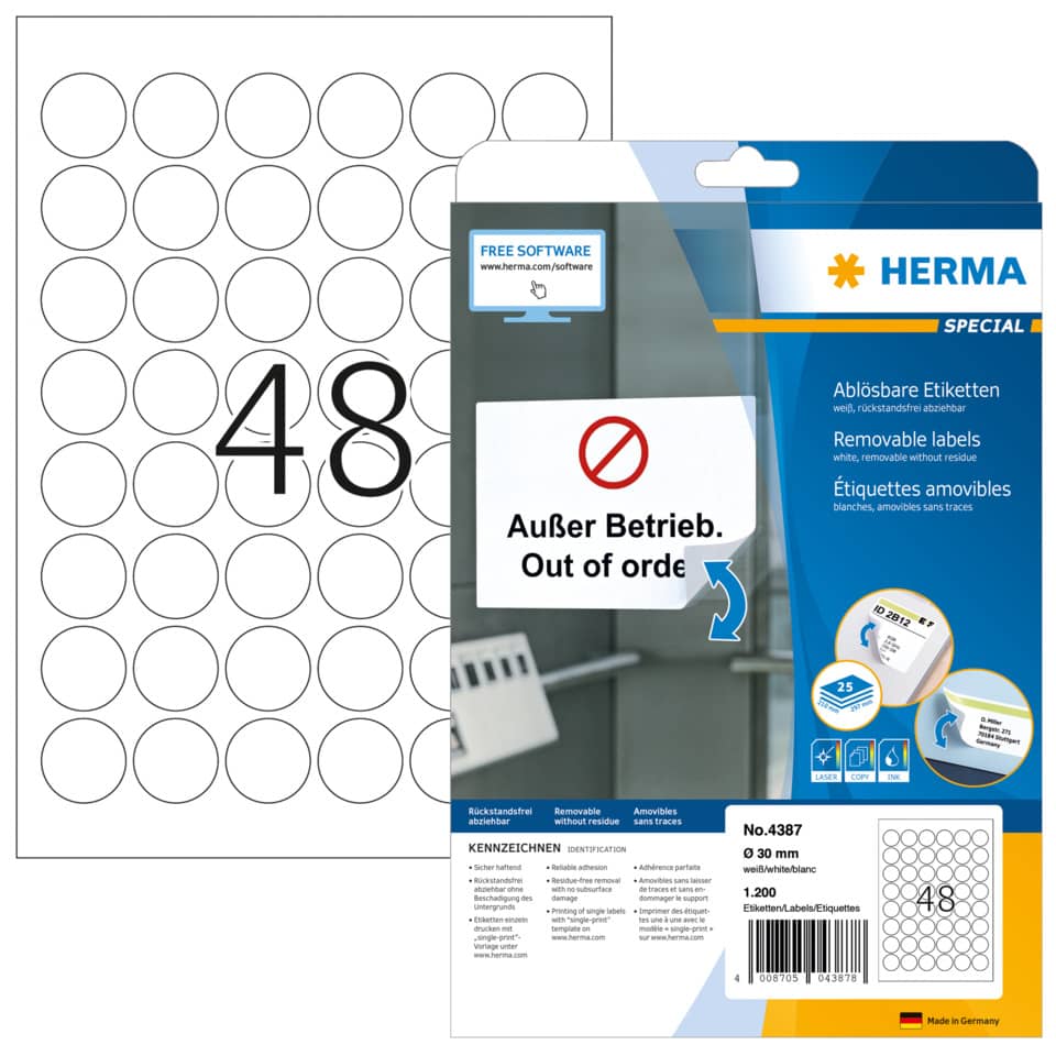 Etiketten ablösbar, Ø30mm, 1200 Stück, weiß HERMA 4387 HERMA 4387 1200 Stück ablösbar