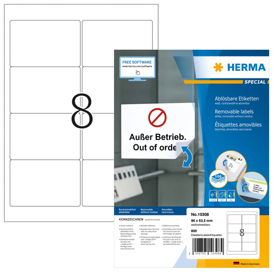 Etiketten ablösbar, 96x63,5mm, 800 Stück, weiß HERMA 10308 HERMA 10308 96x63.5mm BB