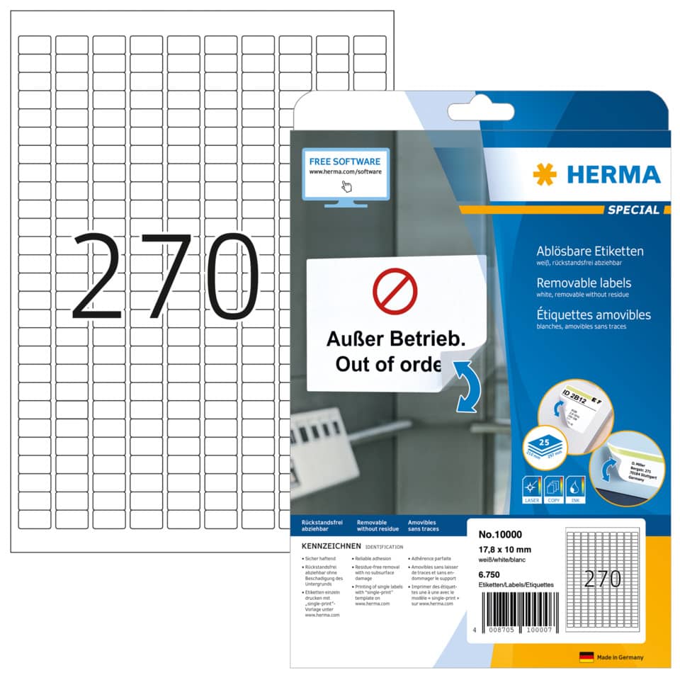 Etiketten ablösbar, 17,8x10mm, 6750 Stück, weiß HERMA 10000 HERMA 10000 6750 St. Movables Techn.