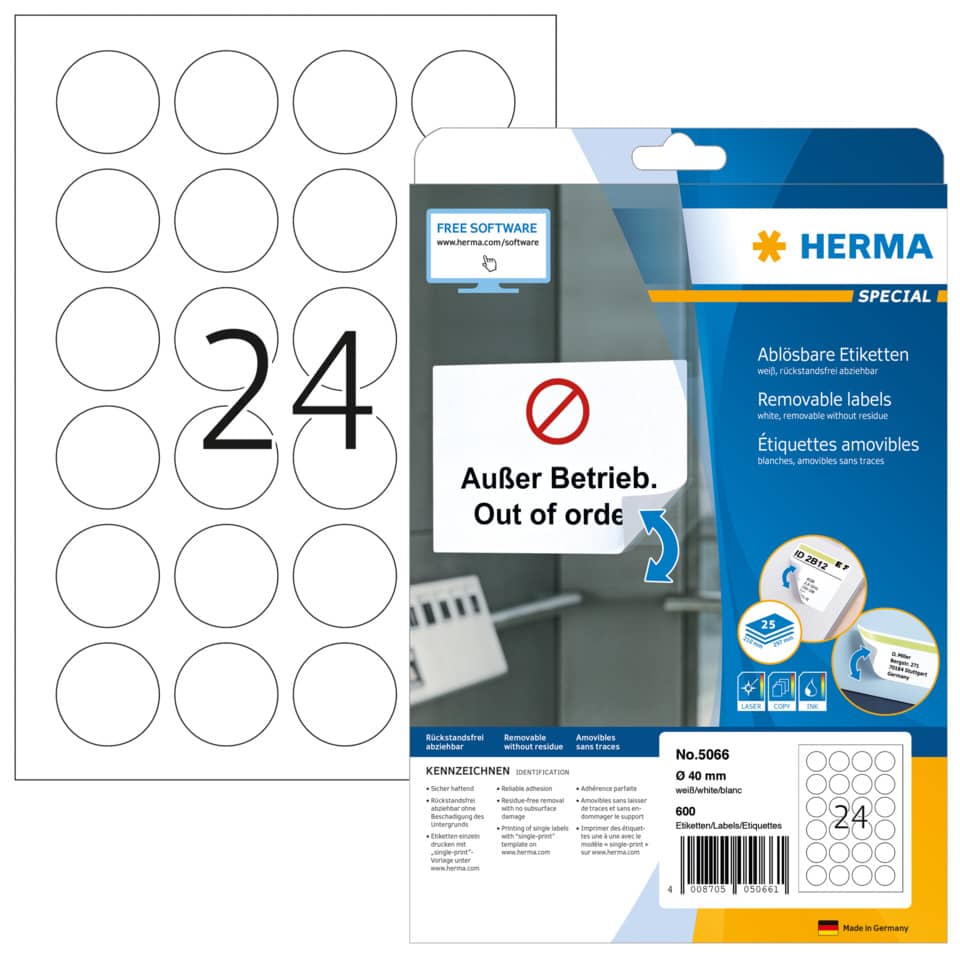 Etiketten ablösbar, Ø40mm, 600 Stück, weiß HERMA 5066 HERMA 5066 600 Stück wieder haftend