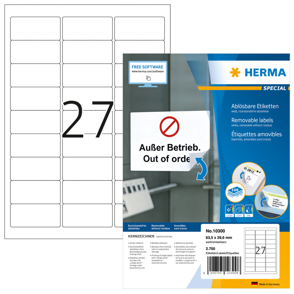 Etiketten ablösbar, 63.5x29.6mm, 2700 Stück, weiß HERMA 10300 HERMA 10300 63.5x29.6mm BB