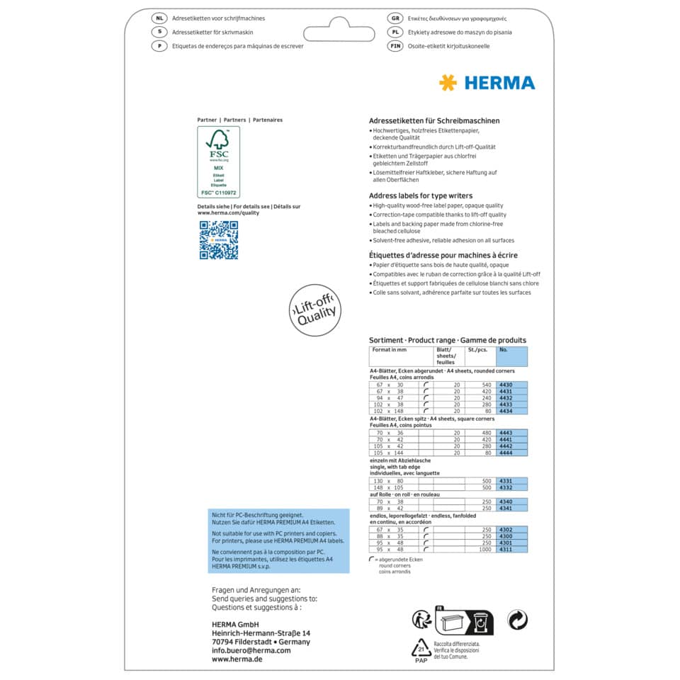 Adressetiketten permanent, 94 x 47 mm, 240 Stück, weiß HERMA 4432 HERMA 4432 240 Stück permanent haftend