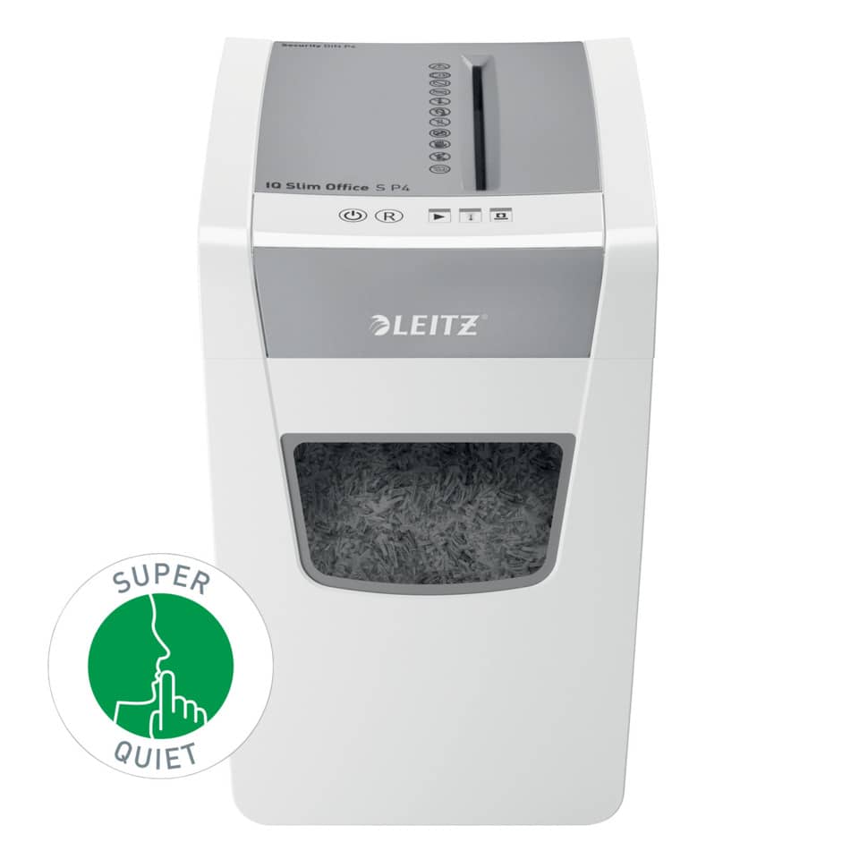 Aktenvernichter IQ Slim Office S, Partikelschnitt 4 x 28 cm, P-4, 23L, 12 Blatt, weiß LEITZ 8098-00-00 LEITZ 8098-00-00 Slim Office S