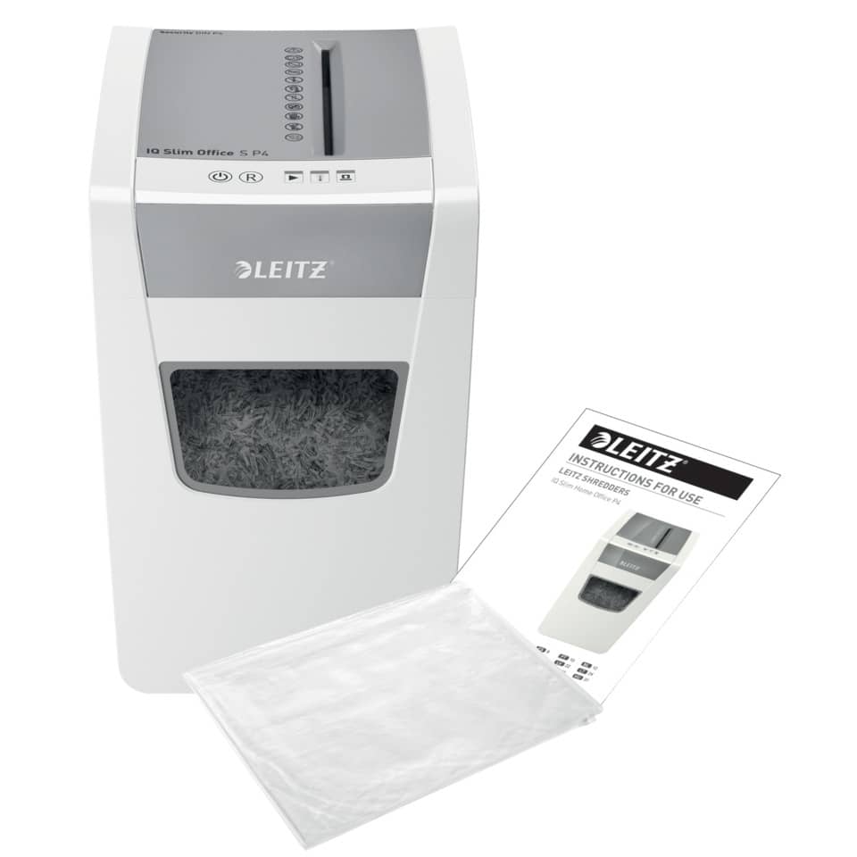 Aktenvernichter IQ Slim Office S, Partikelschnitt 4 x 28 cm, P-4, 23L, 12 Blatt, weiß LEITZ 8098-00-00 LEITZ 8098-00-00 Slim Office S