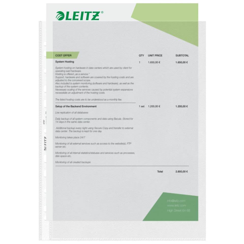 Prospekthülle Standard, A4, PP, genarbt, dokumentenecht, farblos 100 Stück LEITZ 4797-00-00 LEITZ 4797-00-00 oben u. Lochseite offen