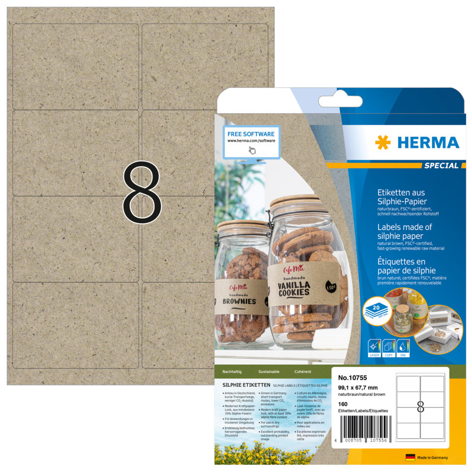 Etiketten aus Silphie-Papier permanent, 99,1x67,7mm, 160 Stück, braun HERMA 10755 HERMA 10755 permanent Silphie-Papier