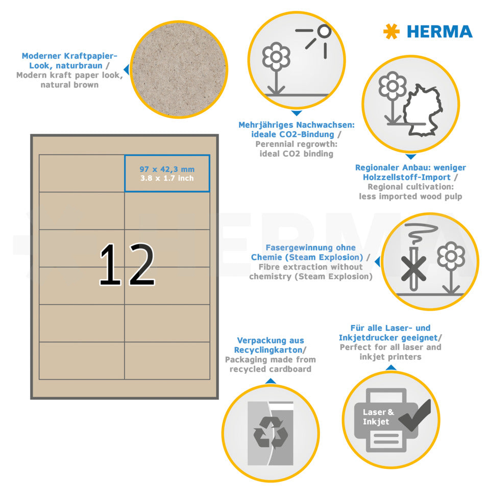 Etiketten aus Silphie-Papier permanent, 97x42,3mm, 240 Stück, braun HERMA 10754 HERMA 10754 permanent Silphie-Papier