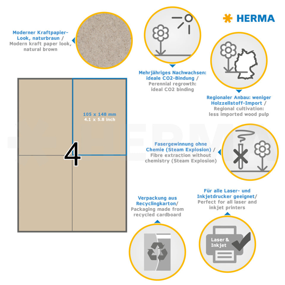 Etiketten aus Silphie-Papier permanent, 105x148mm, 80 Stück, braun HERMA 10756 HERMA 10756 permanent Silphie-Papier
