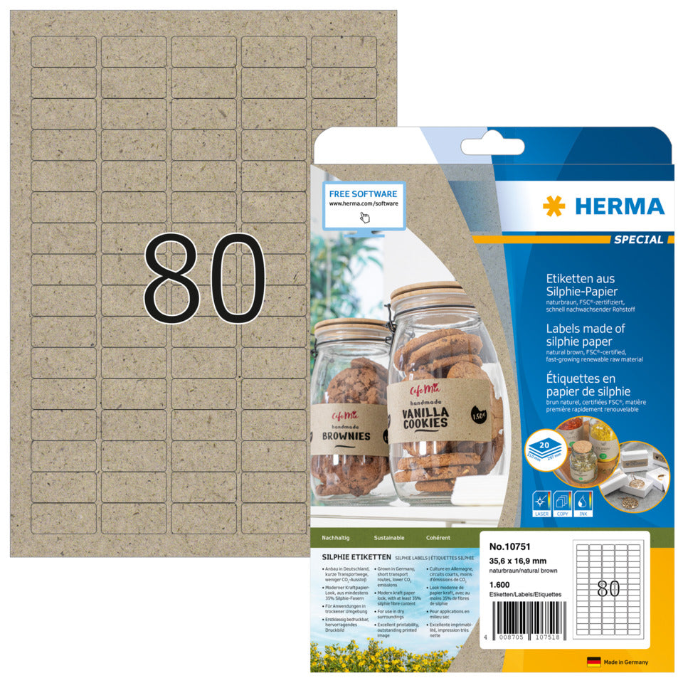 Etiketten aus Silphie-Papier permanent, 35,6x16,9mm, 1600 Stück, braun HERMA 10751 HERMA 10751 permanent Silphie-Papier