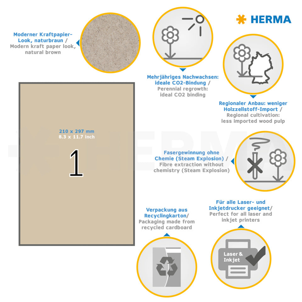 Etiketten aus Silphie-Papier permanent, 210x297mm, 20 Stück, braun HERMA 10758 HERMA 10758 permanent Silphie-Papier