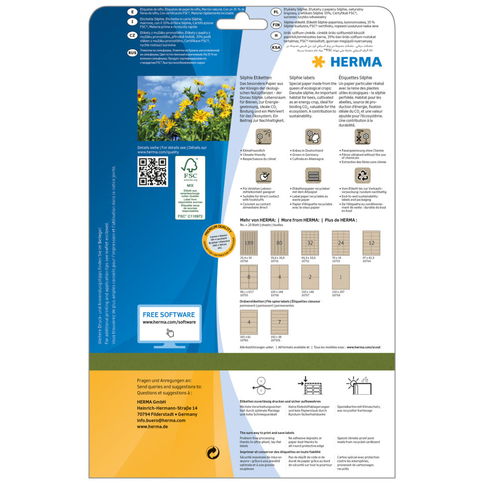 Etiketten aus Silphie-Papier permanent, 210x297mm, 20 Stück, braun HERMA 10758 HERMA 10758 permanent Silphie-Papier