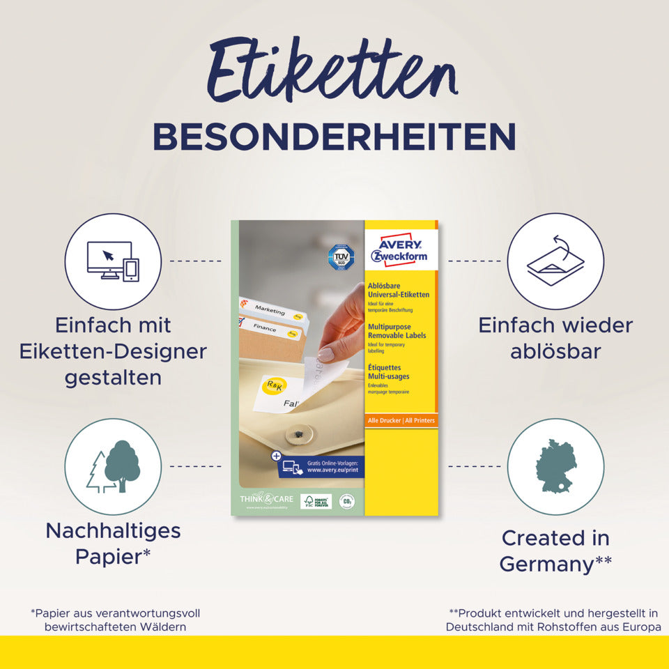 Universaletiketten ablösbar, 210x297mm, 30 Stück, weiß AVERY ZWECKFORM L4735REV-25 ZWECKFORM L4735REV-25 weiß