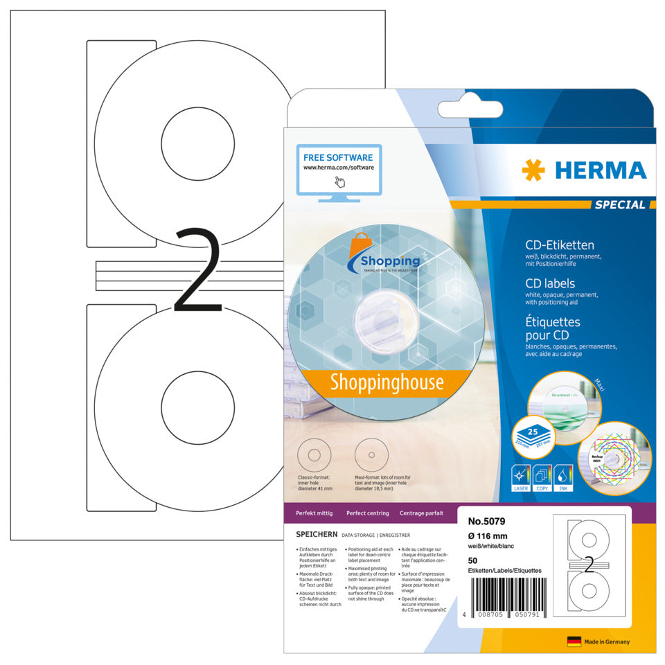 CD-Etiketten permanent, Ø116mm, 50 Stück, weiß HERMA 5079 HERMA 5079/8381 50 Stück permanent