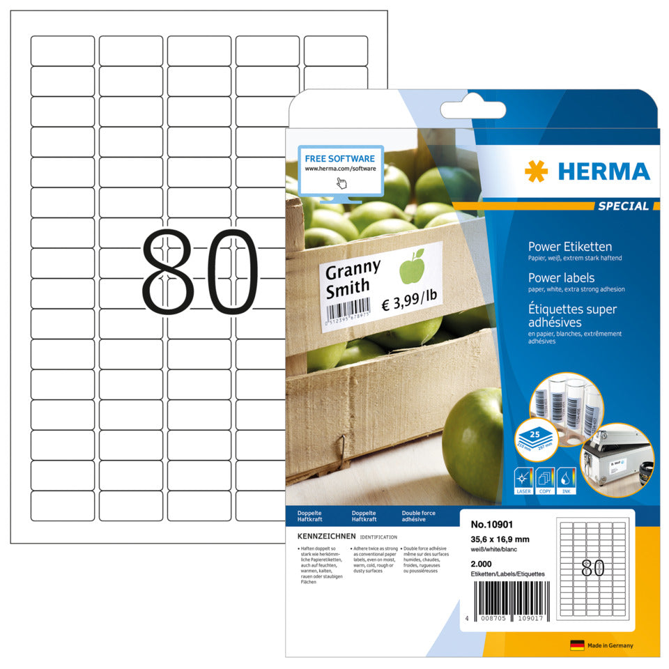Poweretiketten stark haftend, 35,6x16,9mm, 2000 Stück, weiß  ~ HERMA 10901 HERMA 10901  25x80=2000St