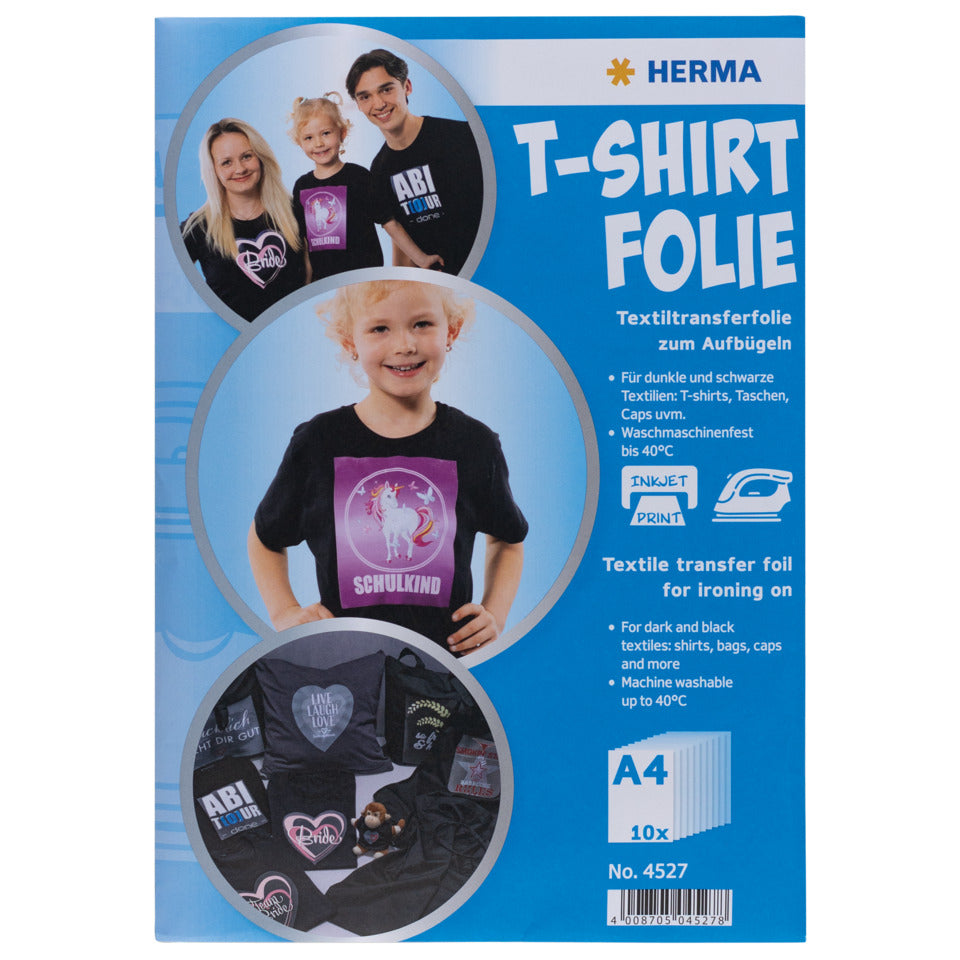 Inkjet Bügelfolie, A4, 10 Blatt für dunkle Textilien HERMA 4527 HERMA 4527 für dunkle und schwarze Text
