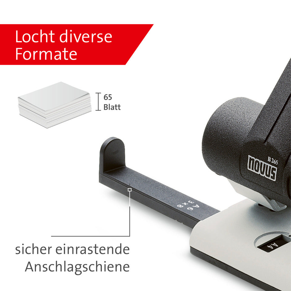 Registraturlocher B 265, 65 Blatt, Anschlagschiene, Kunststoff, lichtgrau/schwarz NOVUS 025-0266