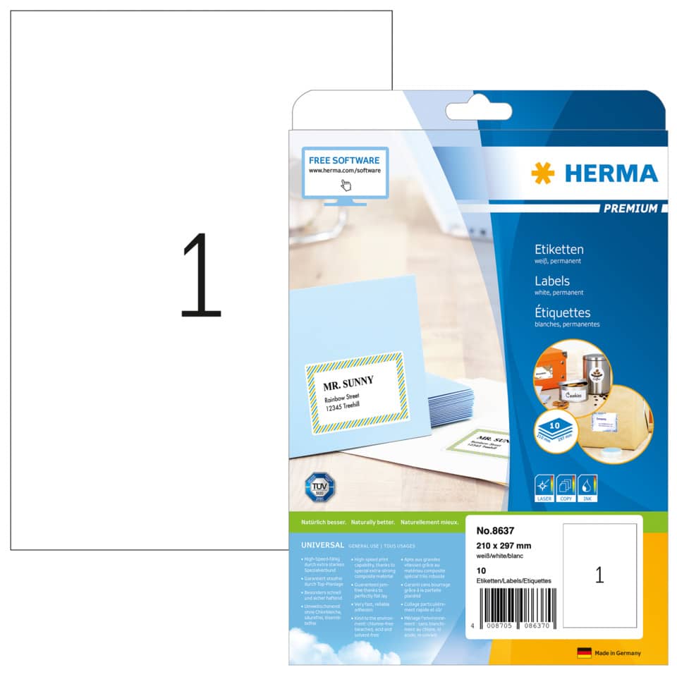Etiketten Premium permanent, 210x297mm, 10 Stück, weiß HERMA 8637 HERMA 8637  10 St. permanent haftend