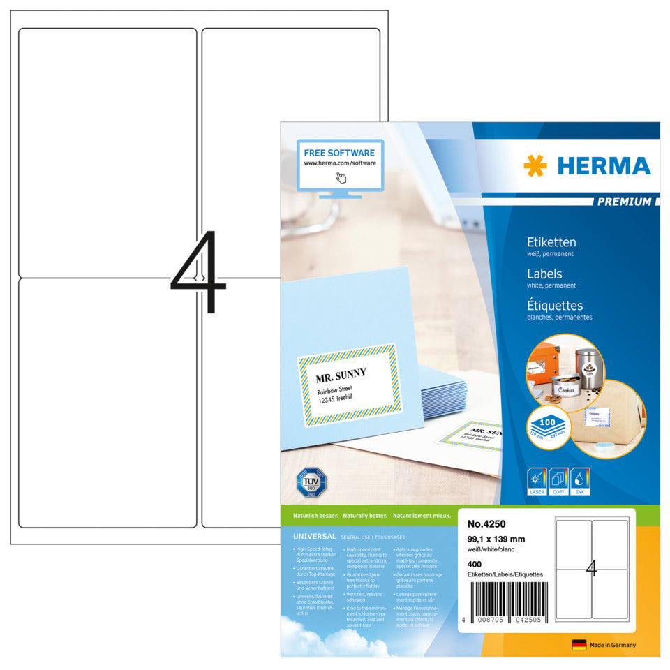 Adressetiketten Premium permanent, 99,1x139mm, 400 Stück, weiß HERMA 4250 HERMA 4250 Besorgung  99,1lmm