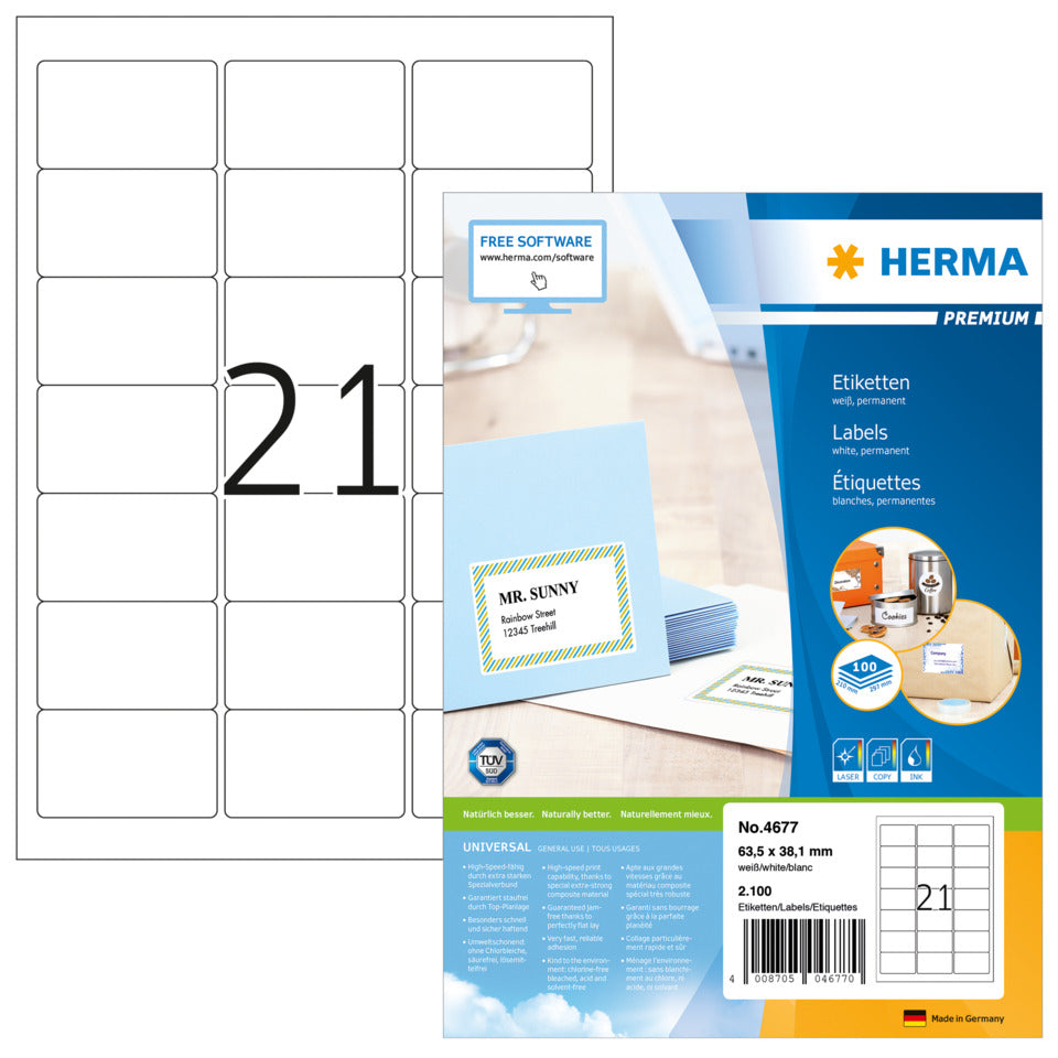 Adressetiketten Premium permanent, 63,5x38,1mm, 2100 Stück, weiß HERMA 4677 HERMA 4677-A4/63.5Lmm/38.1Bmm
