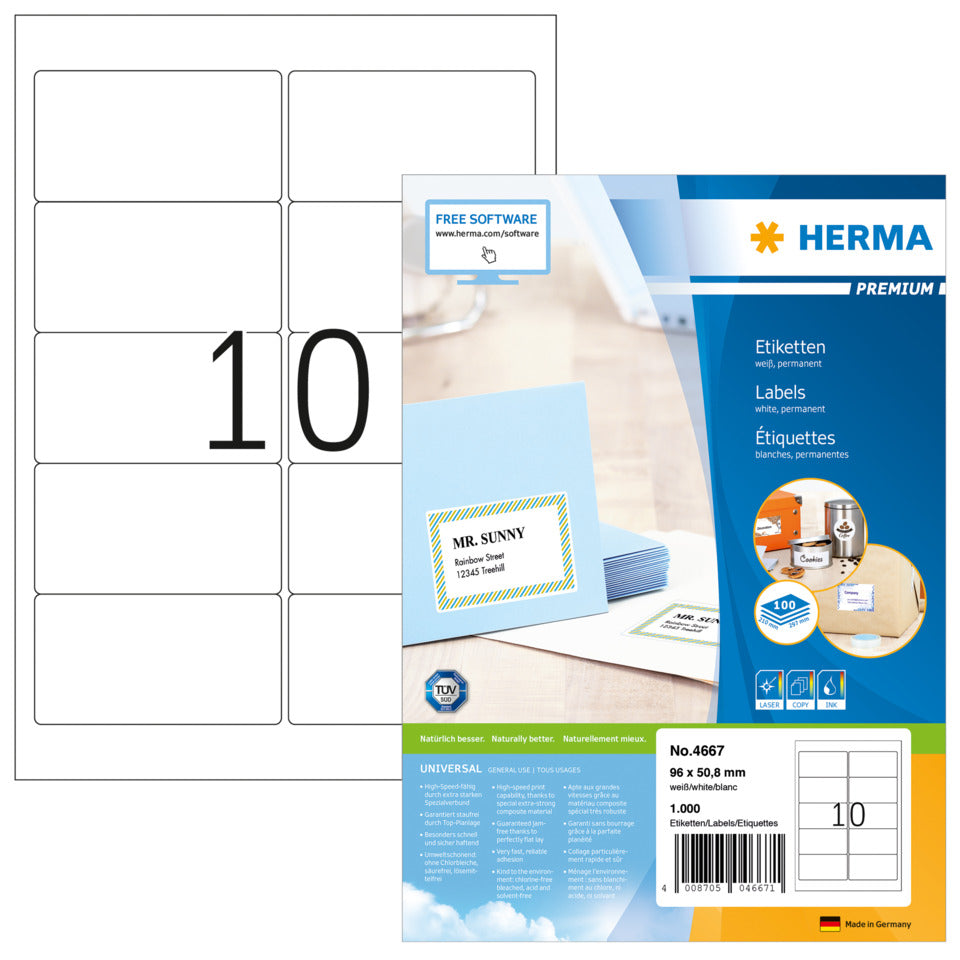 Etiketten Premium permanent, 96x50,8mm, 1000 Stück, weiß HERMA 4667 HERMA 4667 C4/C5-Kuv.