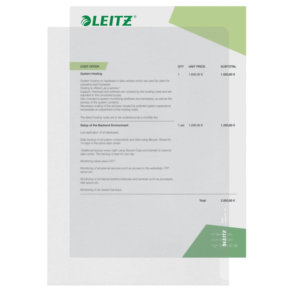 Sichthülle Standard, A4, PP, genarbt, dokumentenecht, farblos LEITZ 4000-00-03 LEITZ 40000003 PP