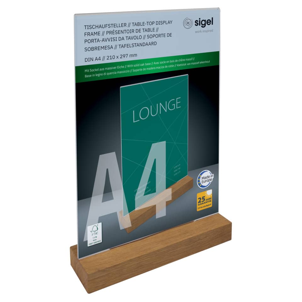 Tischaufsteller mit Holzsockel, A4, gerade SIGEL TA256 SIGEL TA256 mit Holzsockel