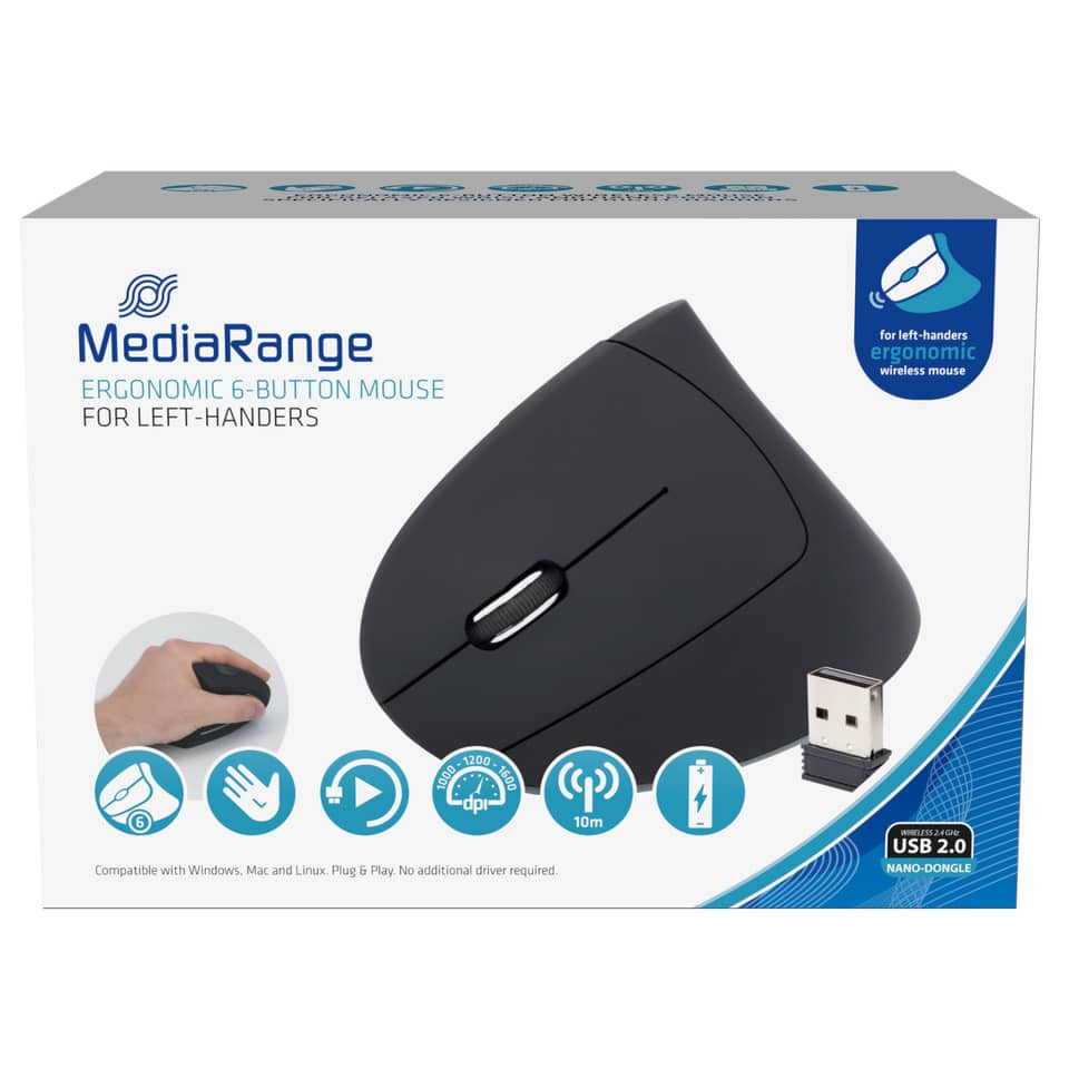 Maus Wireless - Linkshänder, 6 Tasten, 1600dpi, optisch, schwarz MEDIARANGE MROS233