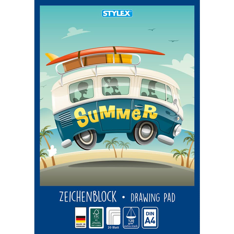 Zeichenblock, A4, 120g/m², kopfgeleimt, 20 Blatt, sortiert STYLEX 41302 STYLEX 41302 weiß kopfgeleimt