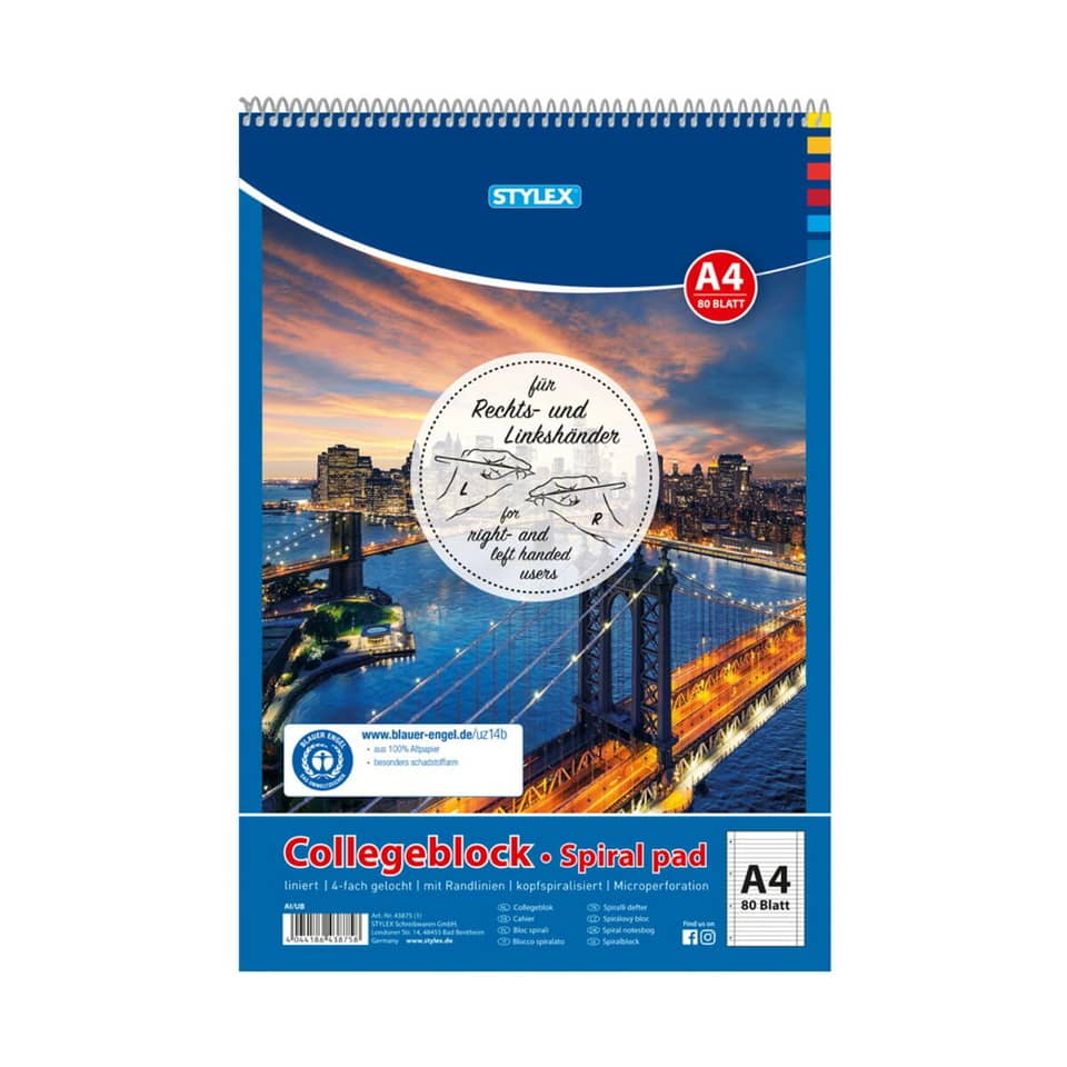 Collegeblock, A4, 80 Blatt, liniert STYLEX 43875A STYLEX 43875 Spirale oben