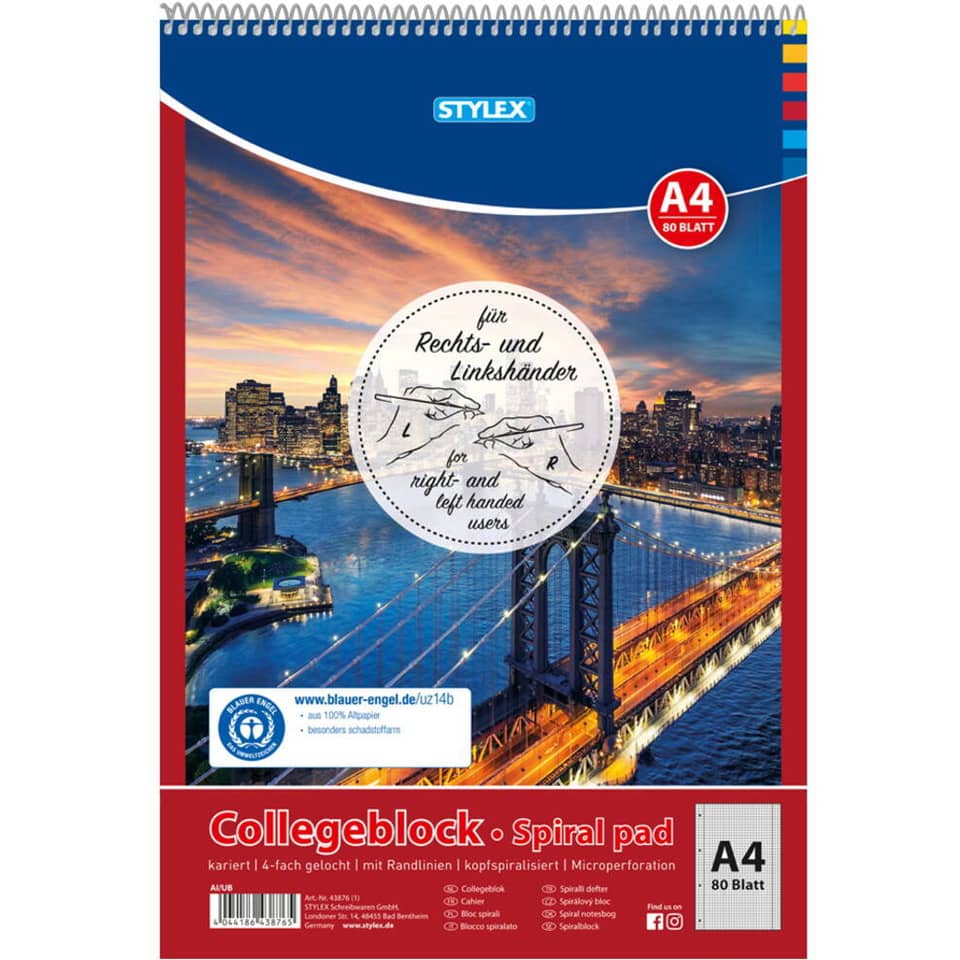 Collegeblock, A4, 80 Blatt, kariert STYLEX 43876A STYLEX 43876 Spirale oben