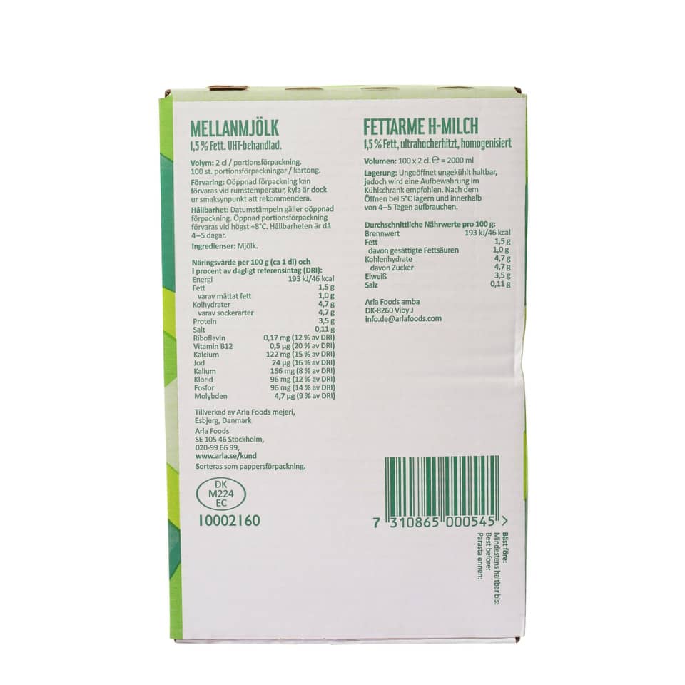 Haltbarmilch 1,5% 100x20ml Portion ARLA 70102028