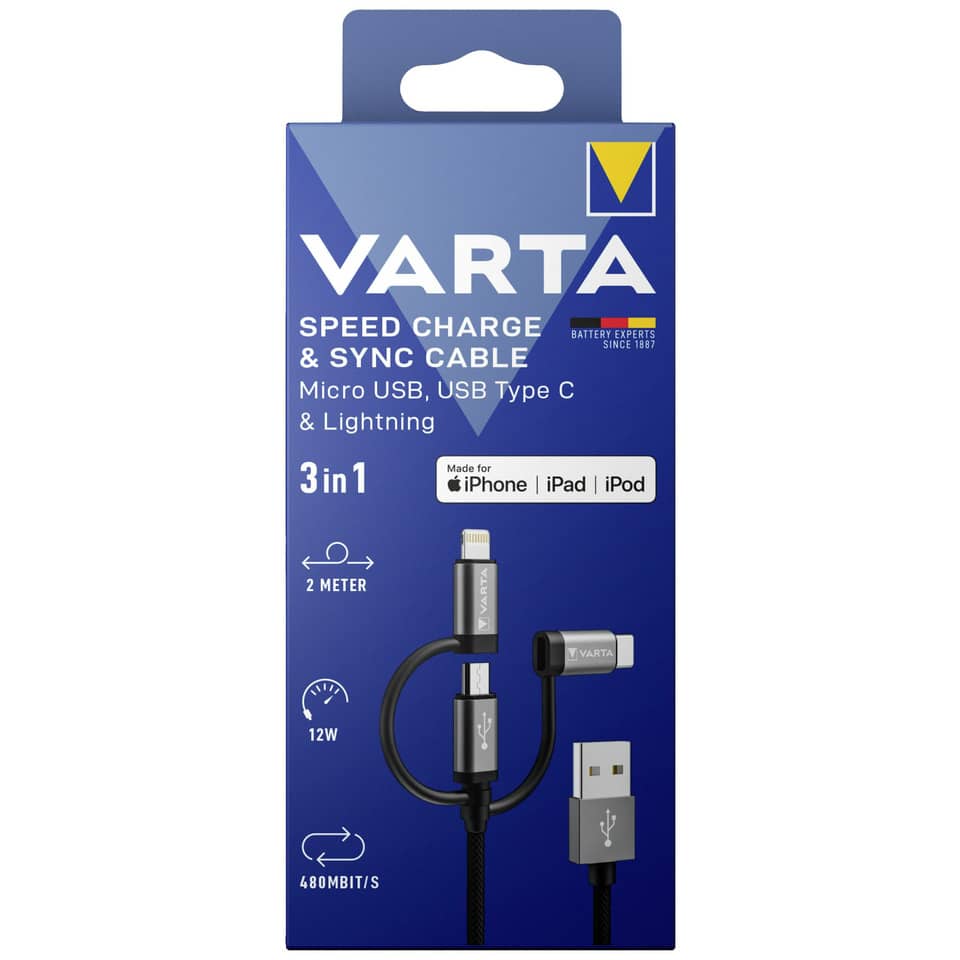 Ladegerät Speed Charge & Sync Kabel: 3in1 USB A auf Lightning/Micro/Typ C schwarz VARTA 57937 101 111 VARTA 57937 101 111 2m Peed Charge&Snyc