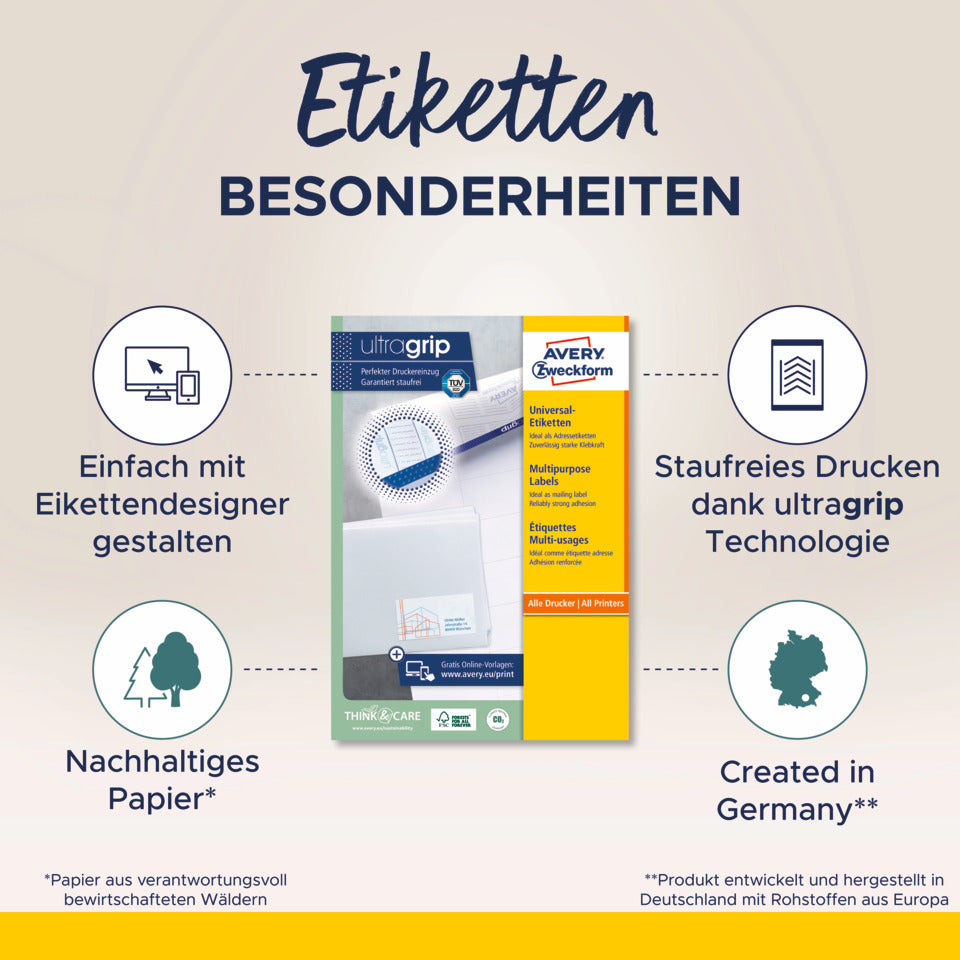 Universaletiketten, 70x37mm, 1560 Stück, weiß AVERY ZWECKFORM 6605 AVERY ZWECKFORM 6605 A4 mit ultragrip