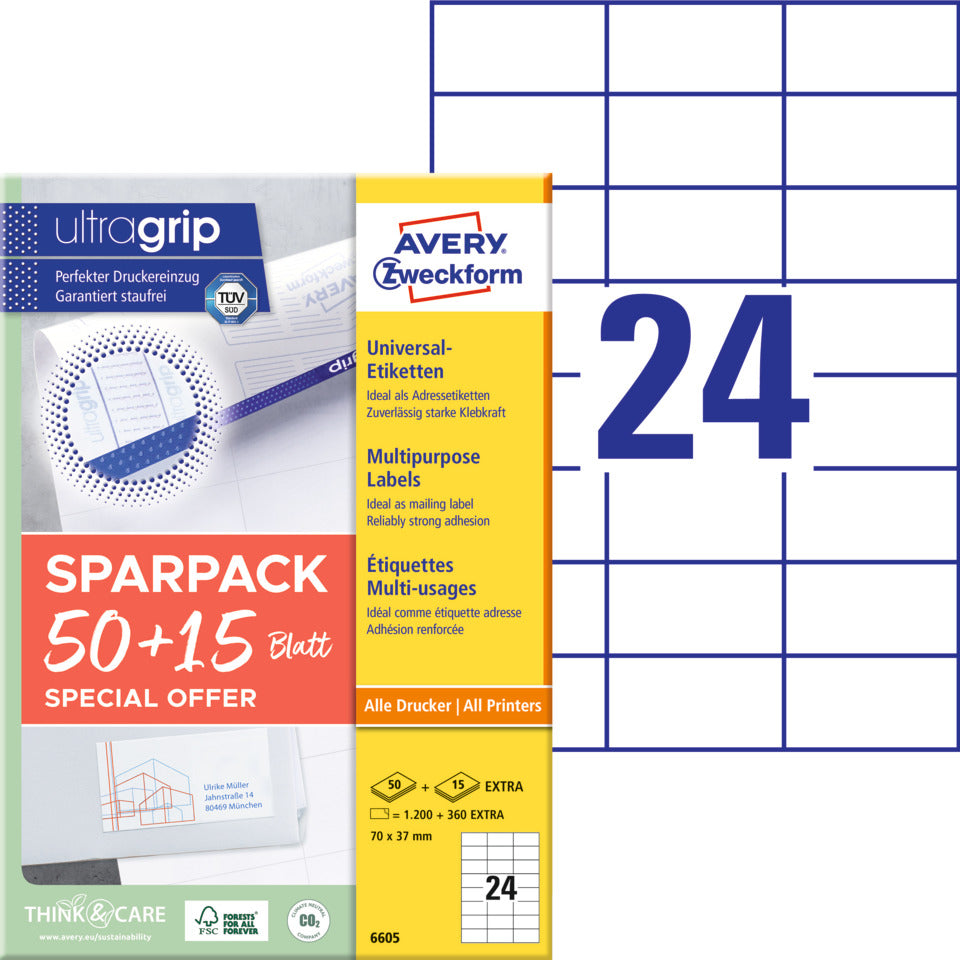Universaletiketten, 70x37mm, 1560 Stück, weiß AVERY ZWECKFORM 6605 AVERY ZWECKFORM 6605 A4 mit ultragrip