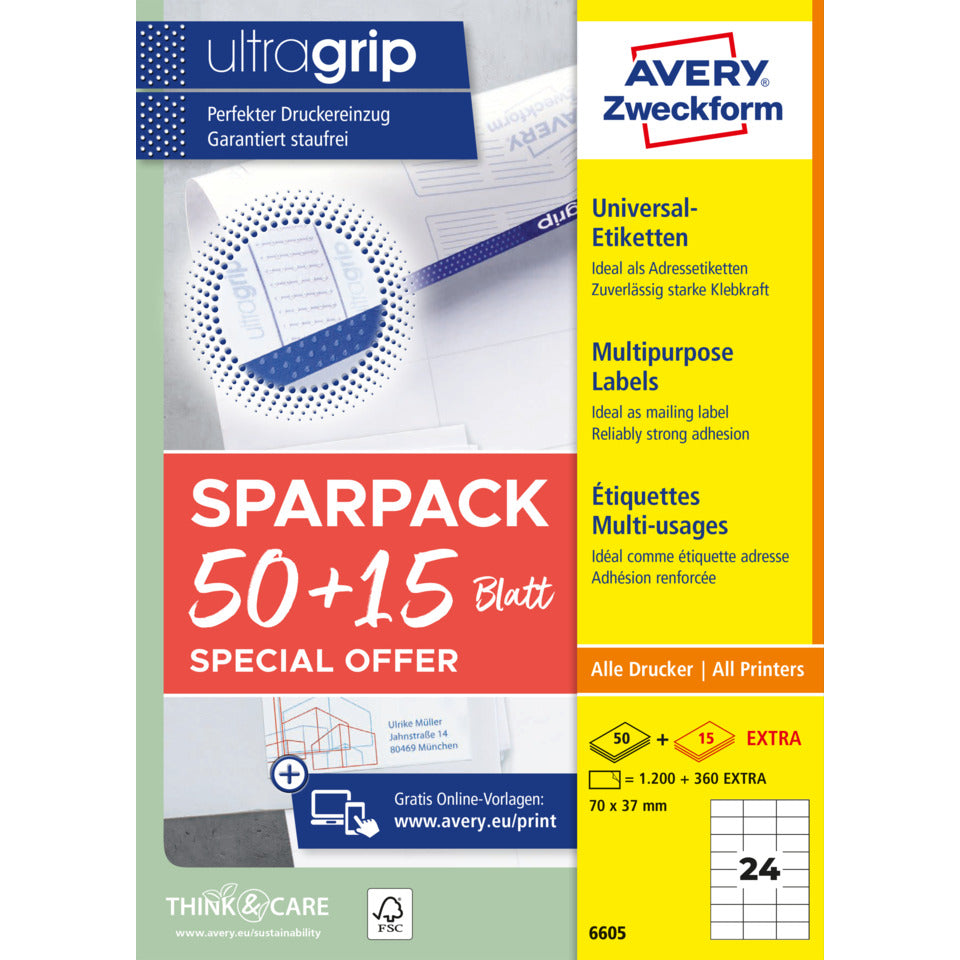 Universaletiketten, 70x37mm, 1560 Stück, weiß AVERY ZWECKFORM 6605 AVERY ZWECKFORM 6605 A4 mit ultragrip