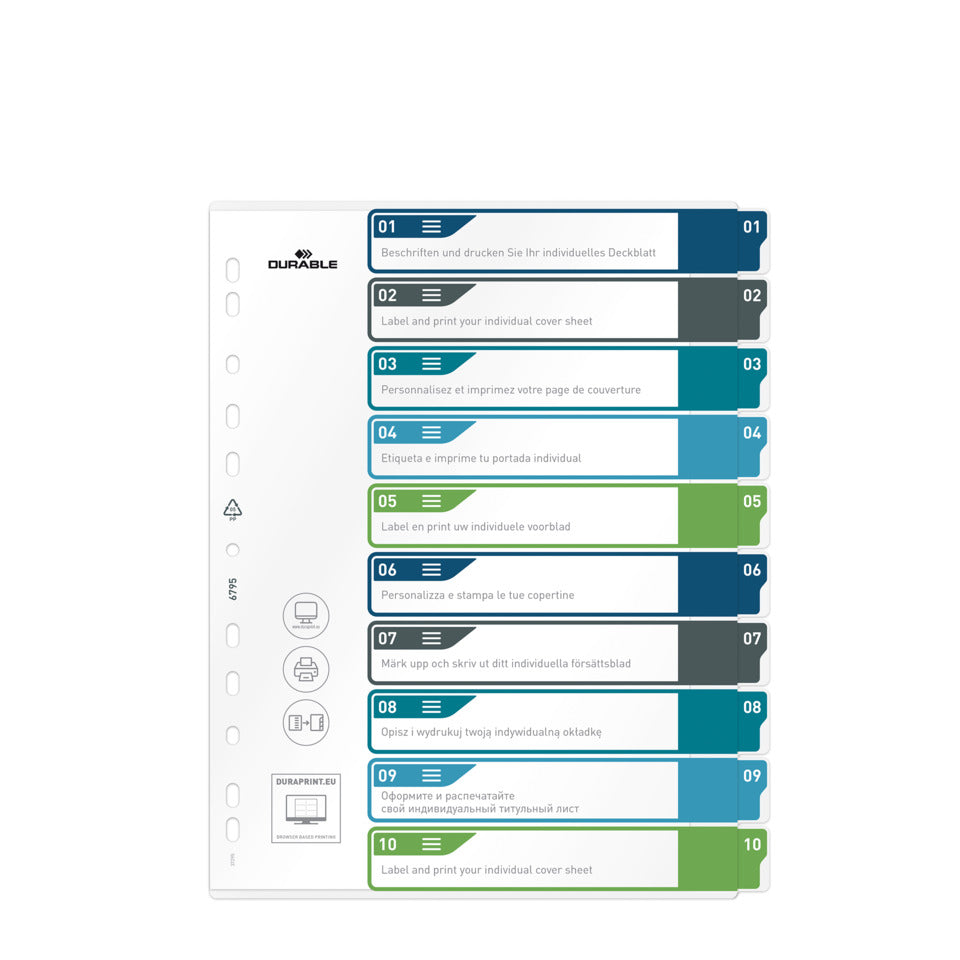 Ordnerregister, PP, 1 - 10, farbige Taben, beschriftbar, A4+ hoch, 245 x 305 mm DURABLE 6795 27 DURABLE 6795 27 Überbreit EDV