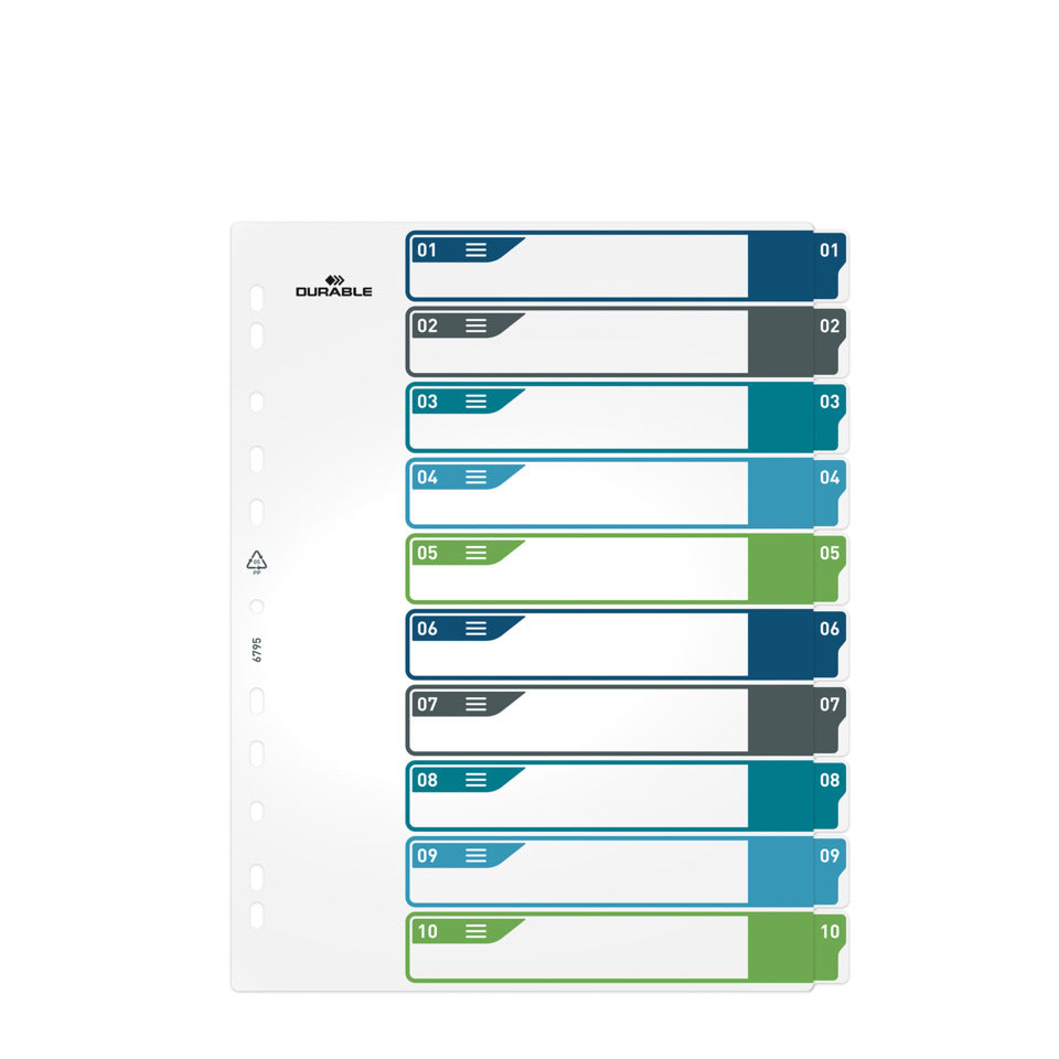 Ordnerregister, PP, 1 - 10, farbige Taben, beschriftbar, A4+ hoch, 245 x 305 mm DURABLE 6795 27 DURABLE 6795 27 Überbreit EDV
