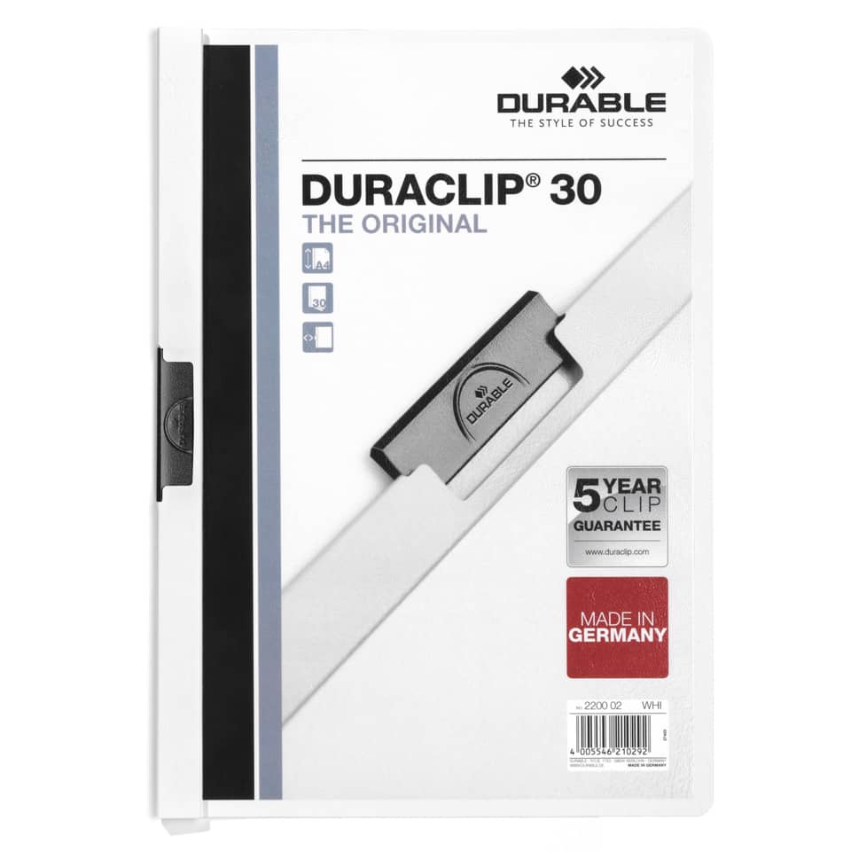 Klemm-Mappe DURACLIP® Original 30, Hartfolie, bis 30 Blatt, transparent/weiß DURABLE 2200 02 DURABLE 2200 02 30BL