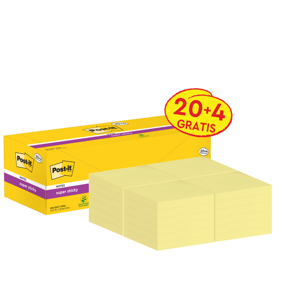 Haftnotizblock Super Sticky Notes, 76x76mm, 24x90 Blatt, gelb POST-IT 654-SSCY-VP24 POST-IT 654-SSCY-VP24 Super Sticky