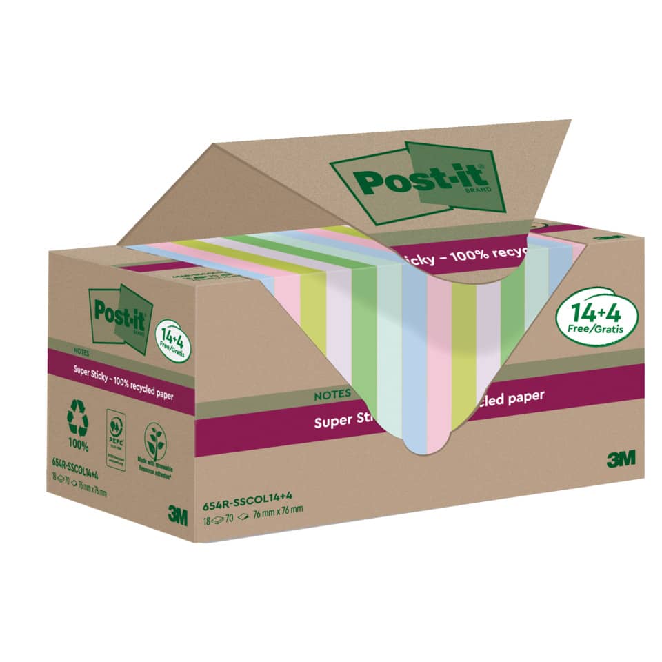 Haftnotizblock Super Sticky Recycling Notes, 76x76mm, 18x70 Blatt, sortiert POST-IT 654 RSSCOL14+4F POST-IT 654 RSSCOL14+4F 76x76mm