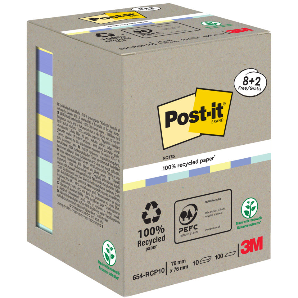 Haftnotizblock Recycling Notes Promotion, 76x76cm, 10x100 Blatt, sortiert POST-IT 654-RCP10 POST-IT 654RCP10